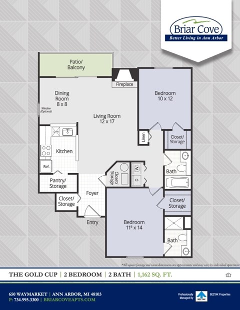 A floor plan for a home with two bedrooms and two bathrooms.